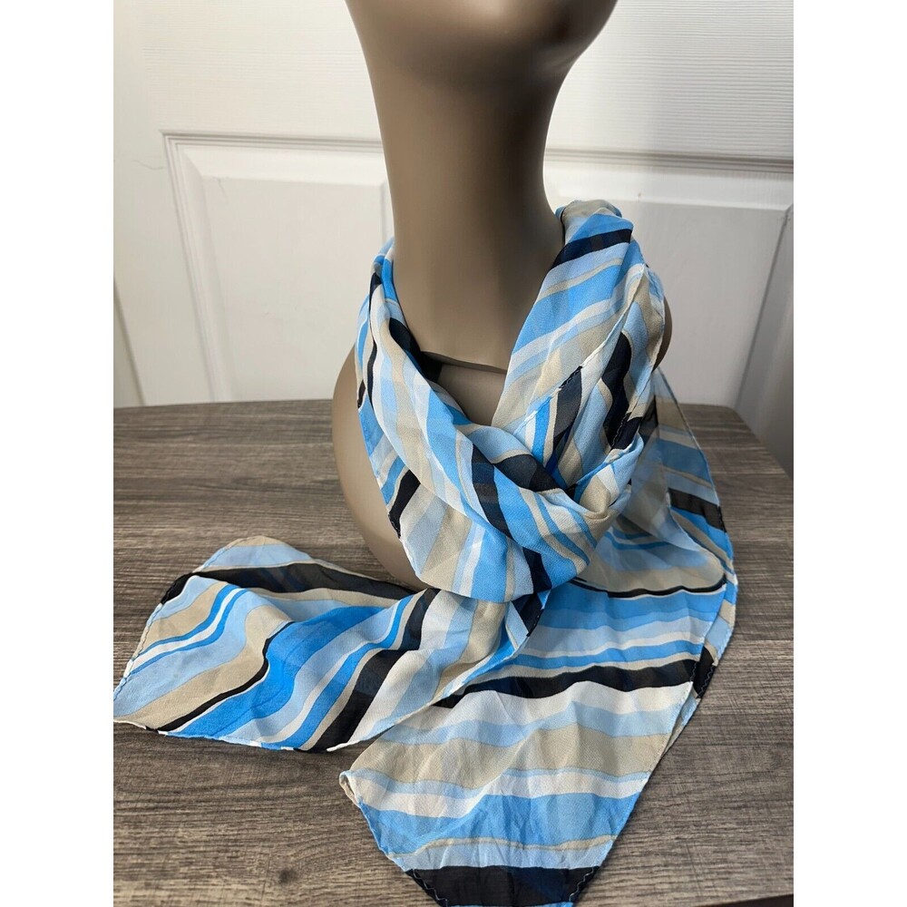 New York and Company Blue Stripe Long Scarf 100% Silk Light Weight 68"X10"